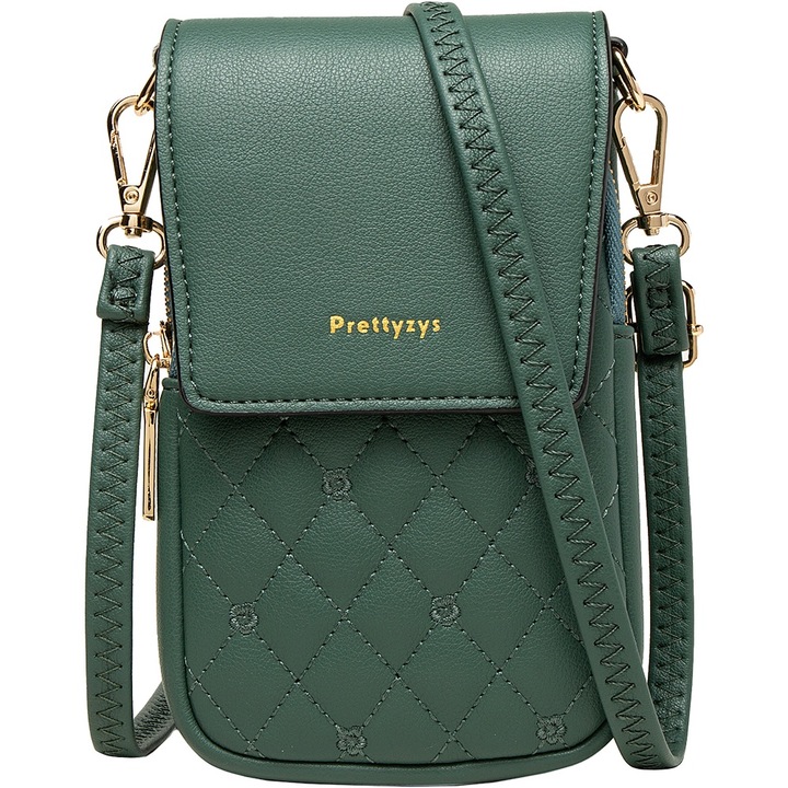 Geanta mini crossbody pentru telefon, cu broderie flori, eleganta din piele PU, 19x12, 5x5 cm, PRETTYZYS L108GN Verde