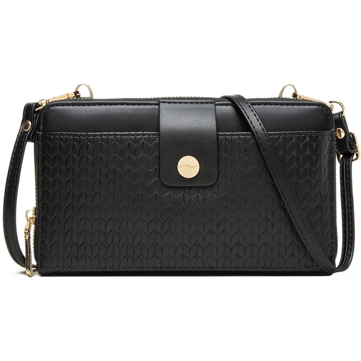 Geanta clutch pentru dama, eleganta din piele PU, cu sloturi pentru carduri, 20, 5x12x4, 5 cm PRETTYZYS L186BK Negru