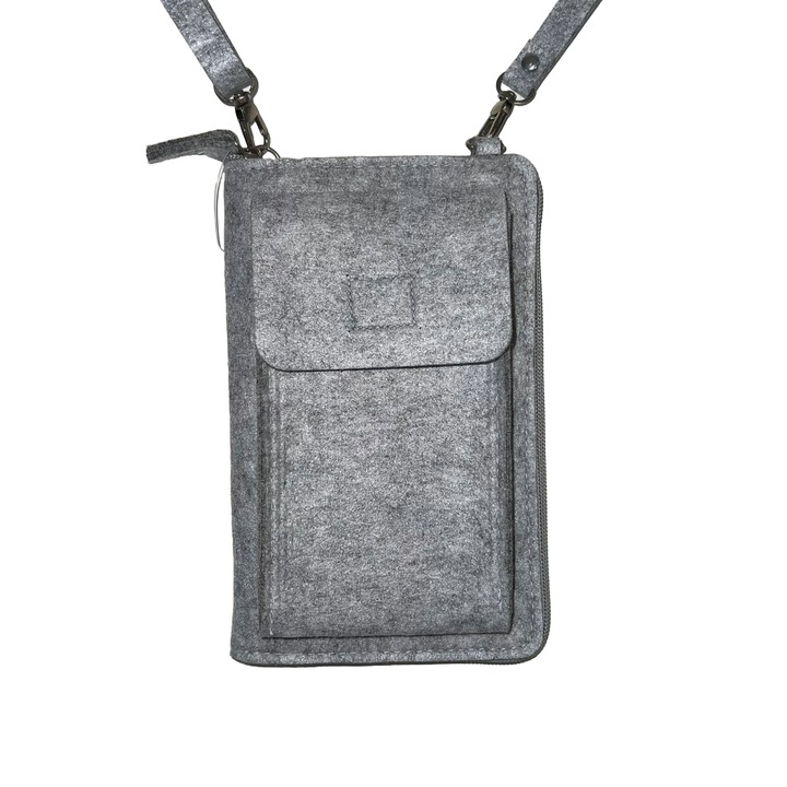 Geanta de umar, Fermoar, Material Felt, Curea Reglabila si Detasabila, 1 compartiment telefon, 1 compartiment acte, 2 compartimente Bancnote si 6 compartimente Carduri, Unisex, Culoare Gri Deschis