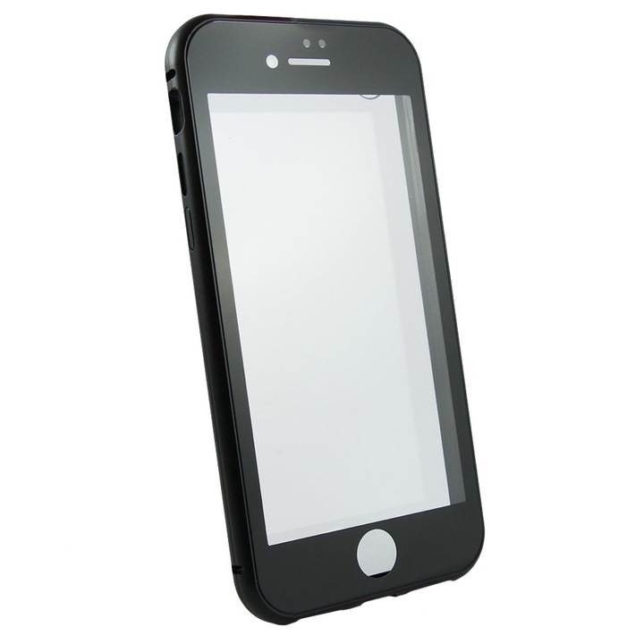 Husa pentru iPhone 7/8/SE 2020/SE 2022, Magnetic Dual Glass, neagra, sticla 9H, aluminiu