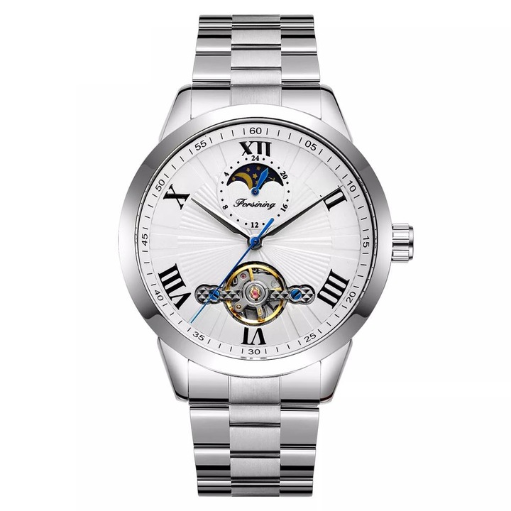 Ceas barbatesc, Forsining silver, Skeleton, Moon Phase(arata noapte/zi), mecanism automatic, curea din otel inoxidabil, stil fashion, tourbillon