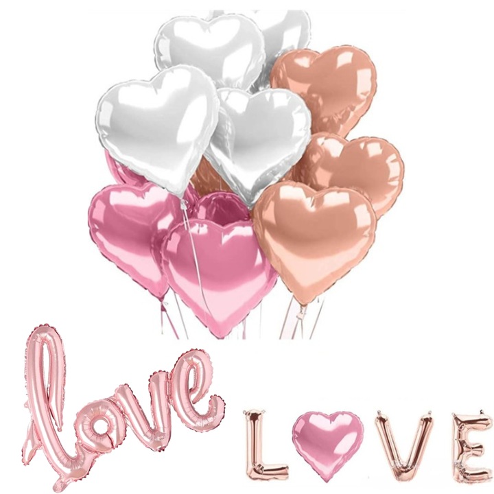15 LOVE lufi alumínium fóliából, 10 szív, Love lufi 108 cm, LOVE lufi 41 cm, Rózsaszín/fehér
