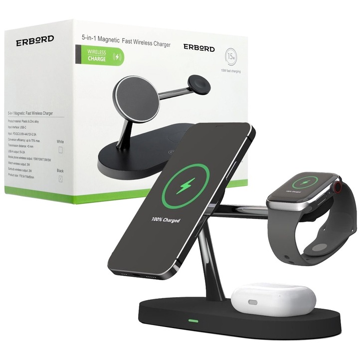 Incarcator wireless 3in1 ERBORD, compatibil cu MagSafe pentru iPhone, Apple Watch, AirPods, negru, modular