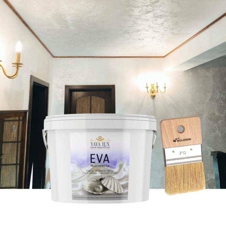 Vopsea decorativa de Lux, Eva Madreperla cu Fulgi de Sticla, Alb Perlat, 2, 5 Litri si Pensula 70 mm, YaYa Color