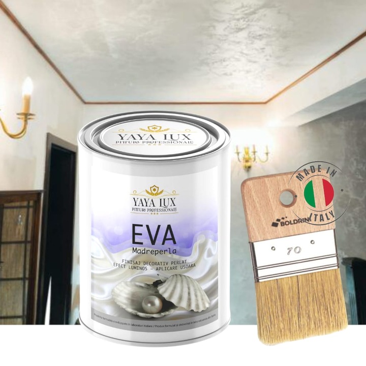 Vopsea decorativa de Lux, Eva Madreperla cu Fulgi de Sticla, Alb Perlat, 2, 5 Litri si Pensula 70 mm, YaYa Color