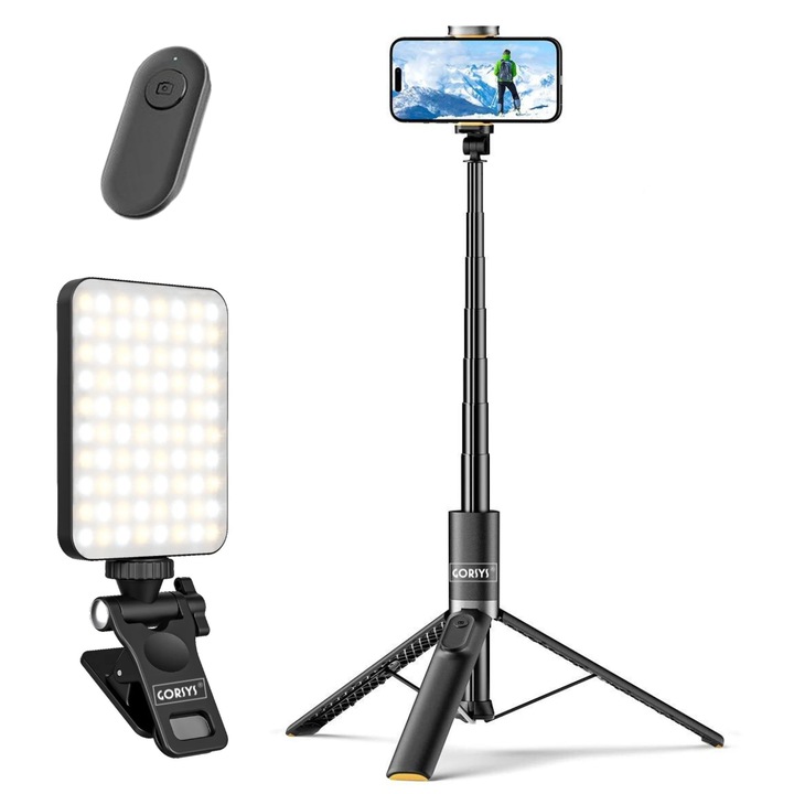 Trepied Foto Telescopic Gorsys® SnapMaster, Selfie Stick pentru Telefon, Extensibil 1.6m, Control Bluetooth, Baterie Reincarcabila, Clema Prindere Ajustabila, Cablu USB-C, Telecomanda si Lampa Led Selfie Light incluse, Negru