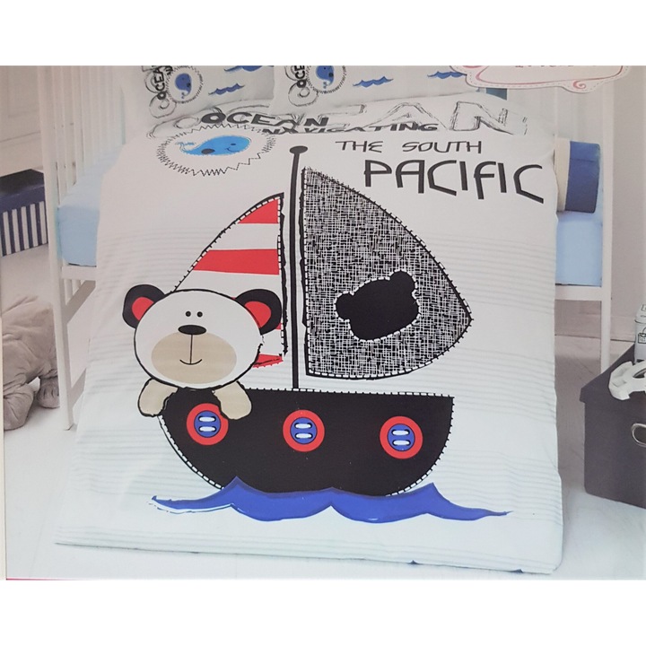 Set complet 8 piese patut Kotonia Home Bebe - Ursulet cu barcuta cu panze, 100% bumbac cu protectie burete pentru patut