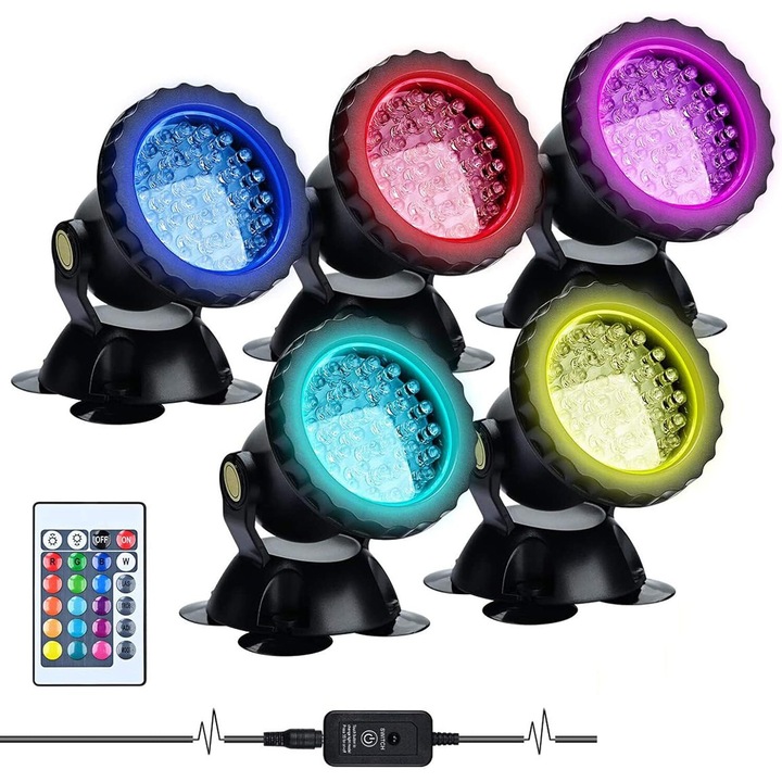 Set 5 lampi pentru gradina LED RGB, proiector cu telecomanda, impermeabile IP68, fixare prin ventuze, reglabile 180°, 10 niveluri luminozitate, 16 efecte monocromatice si 4 dinamice, pentru iaz, piscina, fantana arteziana