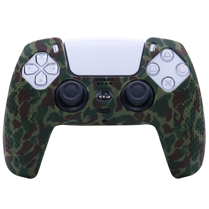 Bőr burkolat PS5 vezérlőhöz, Ergonomikus csúszásgátló szilikon burkolat, puha gumi védelem, PlayStation 5 DualSense vezeték nélküli kontrollerhez, zöld camouflage