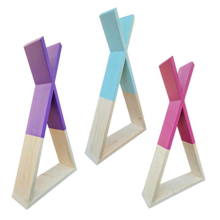 Set 3 Rafturi de Perete, Suspendate, Din Lemn Masiv, Sub Forma de Cort Indian, Roz-Mov-Albastru, 56 x 32 x 9 cm - MaffStuff®