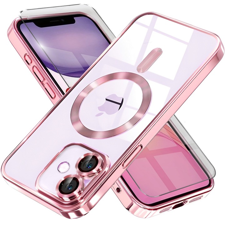 Husa telefon si folie de protectie pentru iPhone 11, XGSM, compatibil cu MagSafe, Roz, TPU