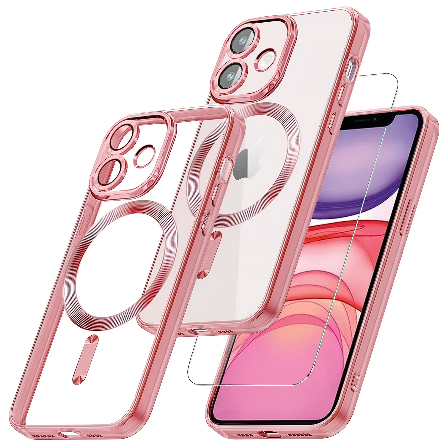 Husa telefon si folie de protectie pentru iPhone 11, XGSM, compatibil cu MagSafe, Roz, TPU