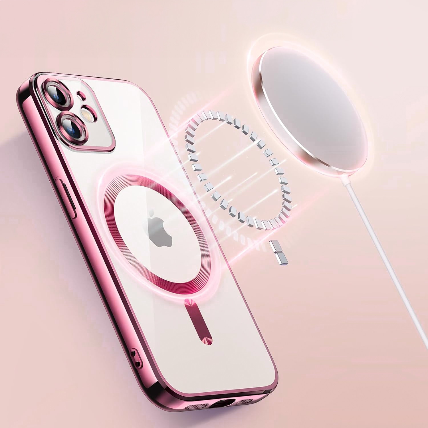 Husa telefon si folie de protectie pentru iPhone 11, XGSM, compatibil cu MagSafe, Roz, TPU