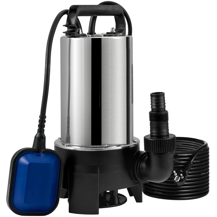 Búvárszivattyú úszóval, Teljesítmény 1100 W, Rozsdamentes acél, Áramlási sebesség 20000 l/h, Kimenet G1-1/2", Magasság 9 m, IPX8, Tápkábel hossza 10 m