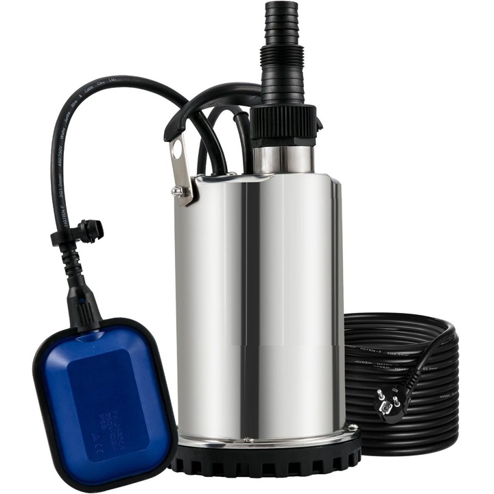 Búvárszivattyú úszóval, Teljesítmény 550 W, Rozsdamentes acél, Áramlási sebesség 9500 l/h, Kimenet G1-1/2", Magasság 7,5 m, IPX8, Tápkábel hossza 10 m