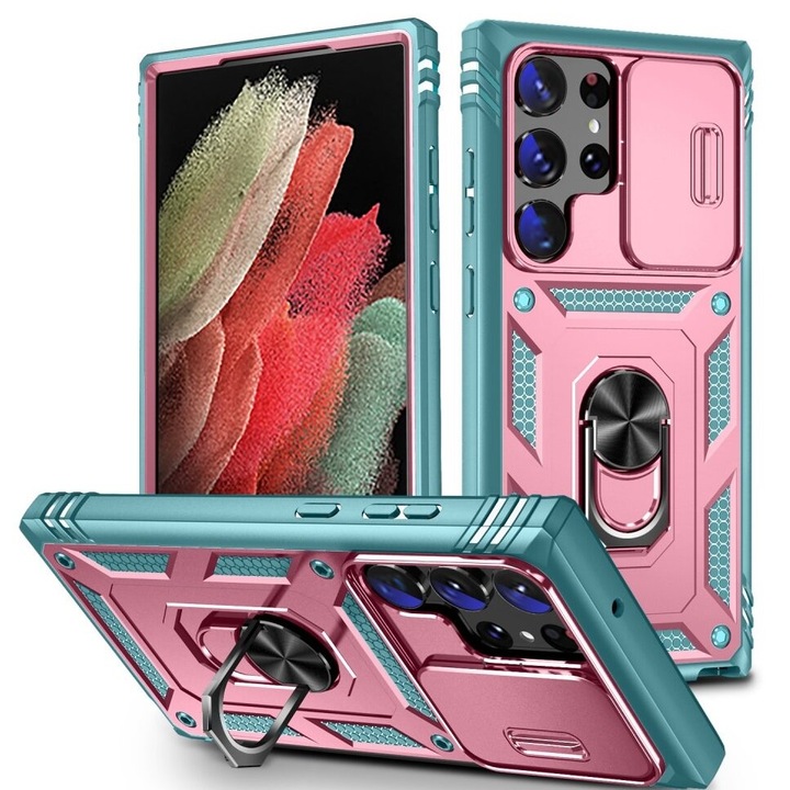 Etui pancerne ERBORD pentru Samsung Galaxy S24 Ultra, CamShield Slide, verde/roz, cu suport si prindere magnetica