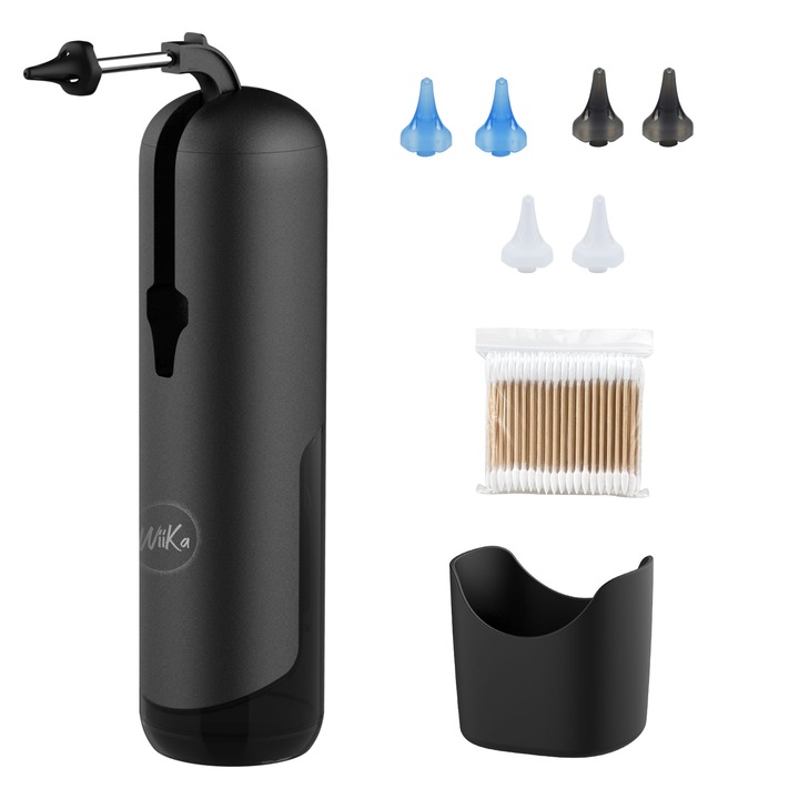 Aparat electric pentru curatarea urechilor Wiika, cu duza pliabila, 4 niveluri de presiune, rezistent la apa IPX7, negru