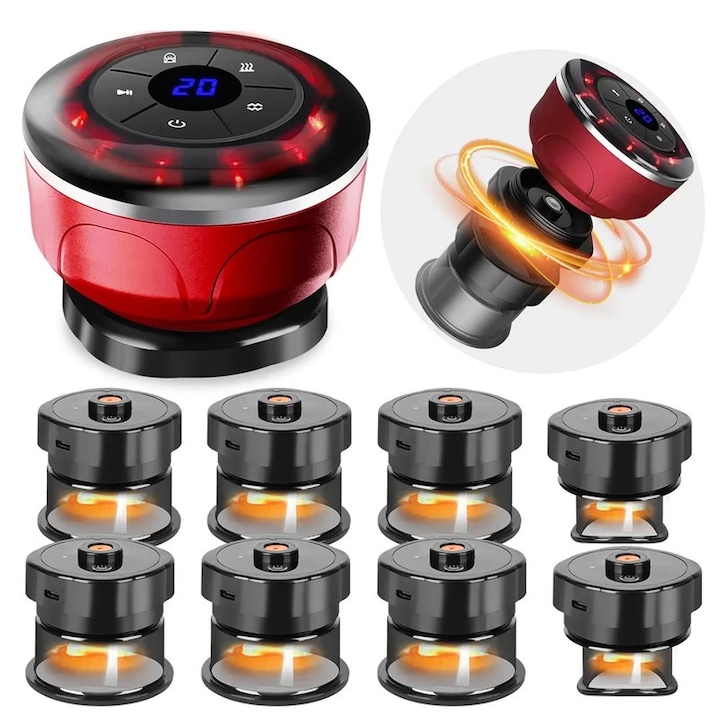 Електрически масажен комплект с вендузи, WALALLA, 8 вендузи, 12 нива на топлина/интензивност, терапия с инфрачервена светлина, преносим, червен/черен