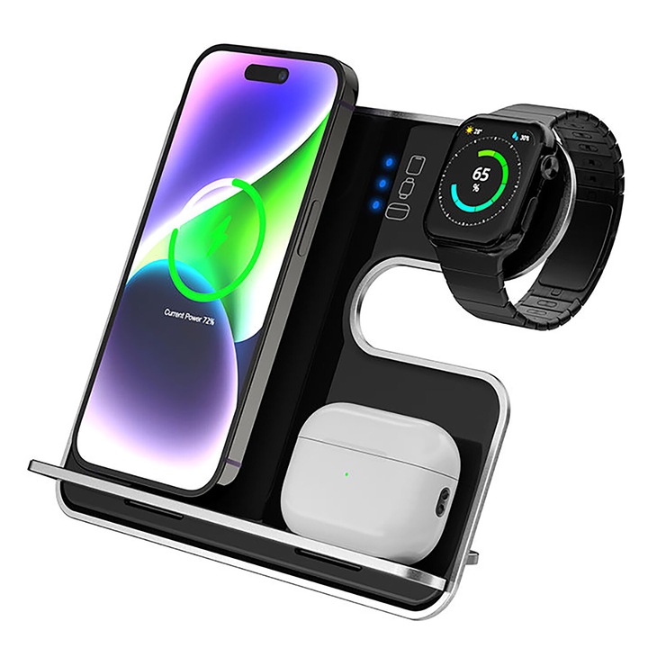 Statie de Incarcare Wireless 3 in 1, Fast Charge 18W, Compatibila iPhone, iWatch, AirPods, Negru, SONORH®