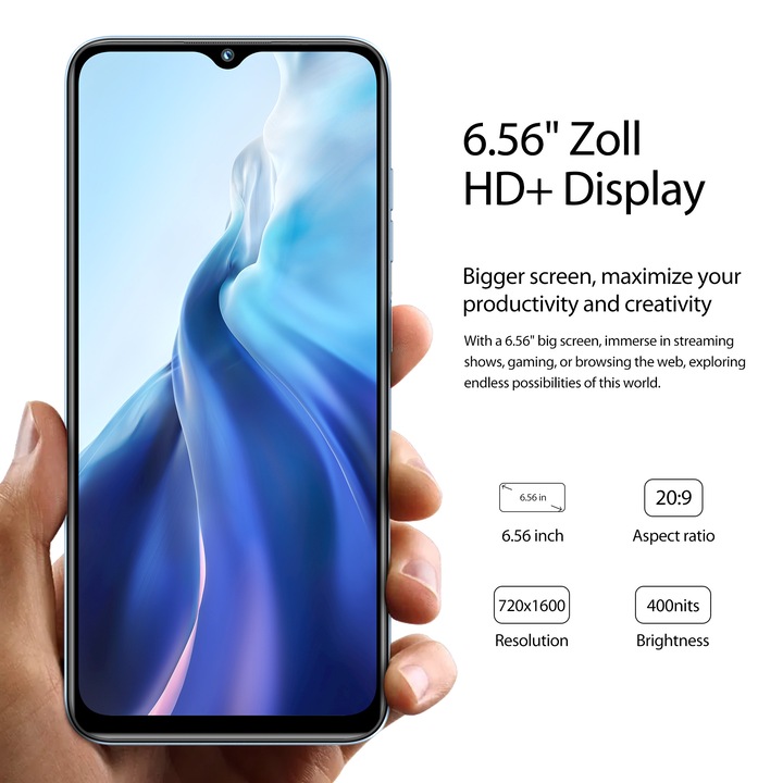 Oukitel C36 mobiltelefon, 8GB RAM+128GB ROM+1TB-ig bővíthető, 6,56 hüvelykes HD+ kijelző, Octa-Core processzor, Android 14, 5150mAh, 5MP+13MP kamera, 4G Dual SIM, arcfelismerés és ujjlenyomat, GPS, kék