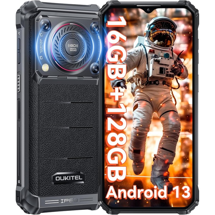 OUKITEL WP36 Telefon Mobil Deblocat cu Difuzor Stereo 128dB, 16GB+128GB/1TB Extensibil, Rezistent la Apa IP68, 10600mAh 6.52" Ecran HD+ Android 13 Smartphone, 13MP Camera, Dual SIM, OTG, 4G