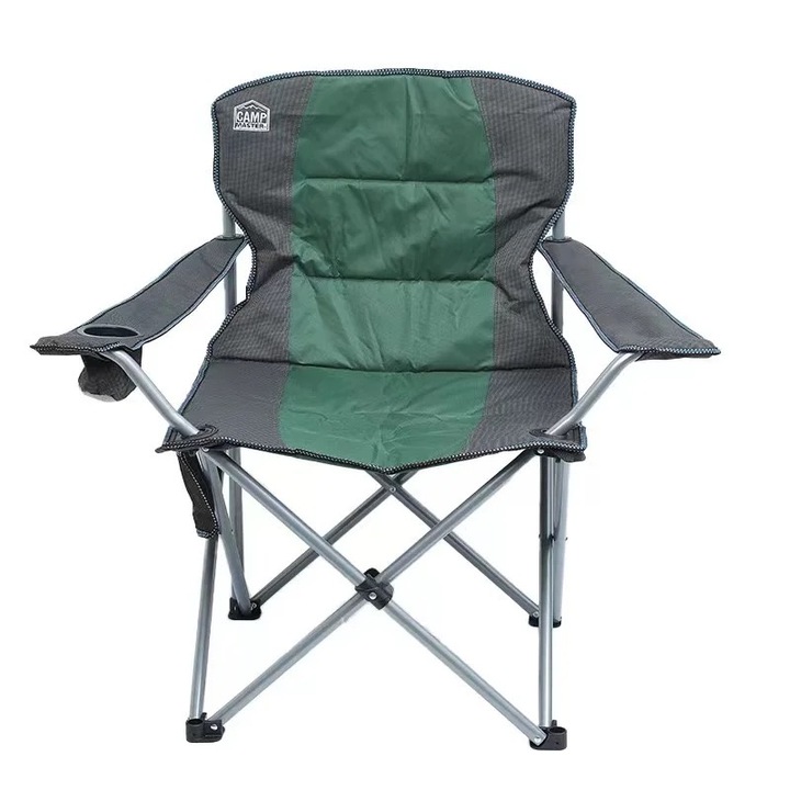 Сгъваем подсилен къмпинг стол, Вградена поставка за чаша, Лесно сгъване и пренасяне, Зелен/Сив