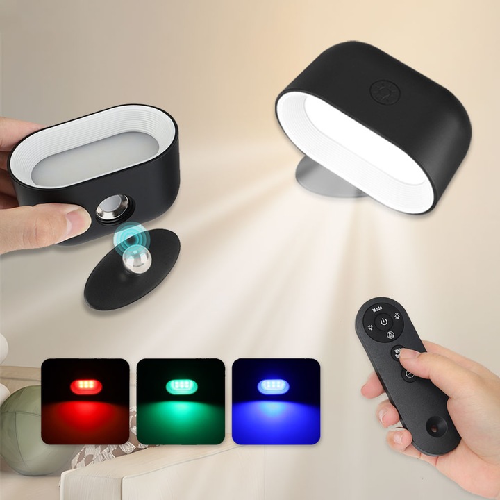Lampa LED+RGB, rotatie 360, 3 temperaturi de culoare, montaj cu adeziv 3M, intensitate reglabila, telecomanda