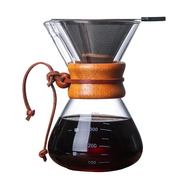 Cafetiera Pour Over, Enforose, sticla borosilicata fara plumb, filtru inox reutilizabil, 400ml