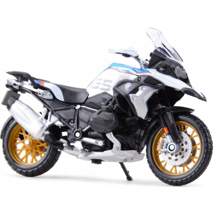 Motocicleta de jucarie Maisto BMW R1250 GS, 1/18, alb/niebieski, metal/plastic, pe suport, 16x10.5x7cm