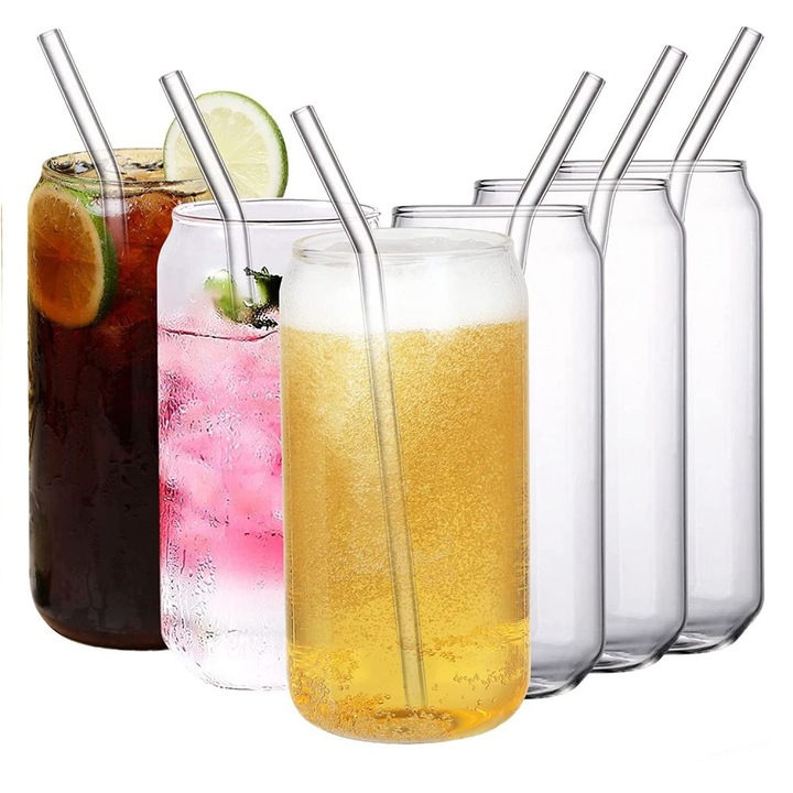 Koktél pohárkészlet 16 oz, 6 pohár bambusz fedéllel, 6 üveg szívószál, 2 tisztítókefe, 1 üvegkefe