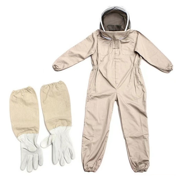 Costum profesional pentru apicultori, bumbac, cu manusi, bej, XL