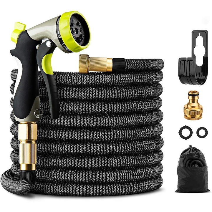 AMRINUGL kihúzható kerti tömlő, 15 m, 8 funkció, ergonomikus fogantyúk, sárgaréz anyag