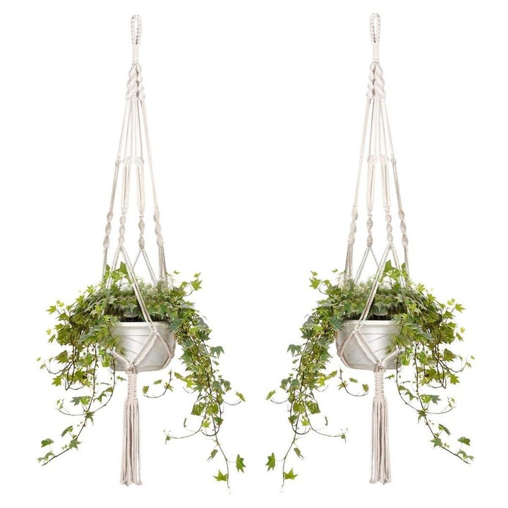 Umerase pentru plante Boho Macrame, franghie din bumbac natural de inalta calitate, de inspiratie vintage, suport pentru jardiniere suspendate pentru interior, exterior, pentru decorarea interioara, dimensiune multifunctionala, set de 2, 105 cm Enforose