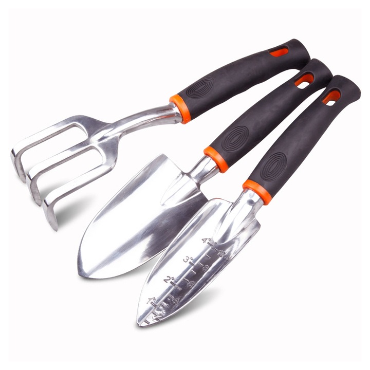 Kerti szerszámkészlet, rozsdamentes alumínium, ergonomikus kialakítás, 3 darab