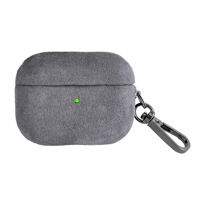 Husa de protectie Alcantara pentru AirPods Pro/Pro2, incarcare wireless, cu carabina, gri