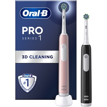 Set 2x Periuta de dinti electrica Oral-B Pro 1, Curatare 3D, 1 program, 1 capat de periaj, Negru/Roz