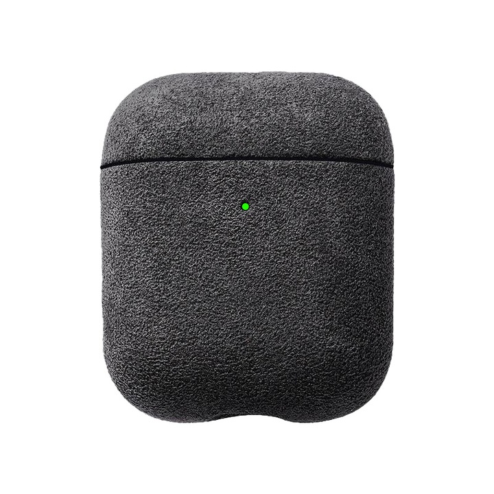 Husa de protectie Alcantara pentru AirPods 1/2, incarcare wireless, cu carabina, gri
