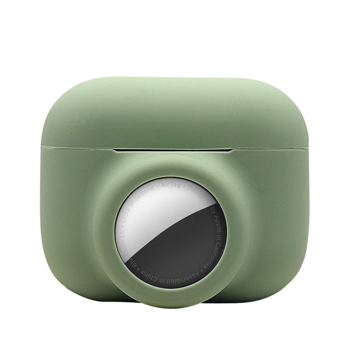 Husa Silicon Verde Avocado pentru AirPods Pro/Pro2, cu Slot AirTag, Incarcare Wireless, cu Carabina