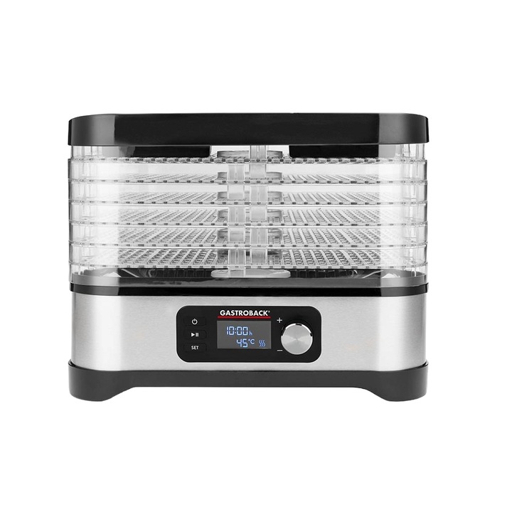 Deshidrator alimente Gastroback, Natural Plus, pentru gustari sanatoase, temperatura reglabila 35-70°C, panou control digital, ecran LED, timer 24h, 6 tavi detasabile, usor de folosit, inox