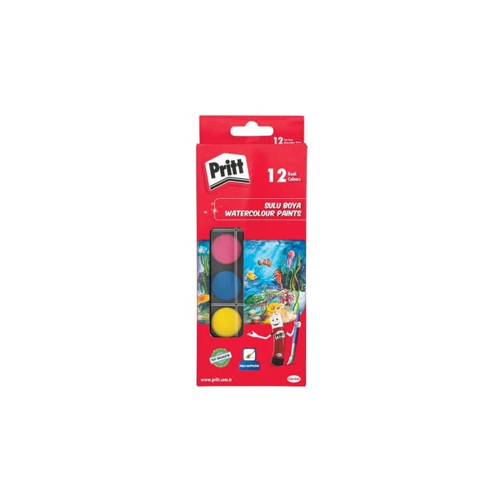 Akvarell festékek PRITT, Ecsettel, 12 szín/készlet, 23 mm, ecsettel