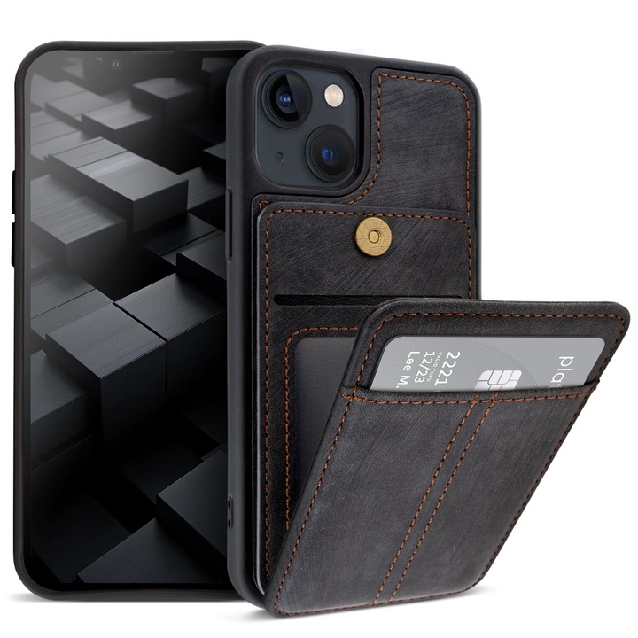 Заден калъф Moozy с държач за карти за iPhone 13 / iPhone 14, Wallet Dark Grey