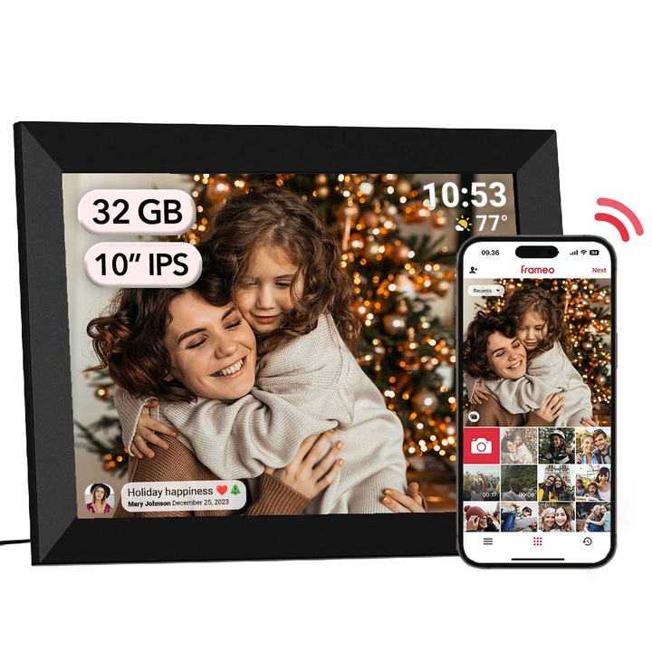 Цифрова фоторамка, Wi-Fi Dytimeem, E331, сензорен екран 10,1 инча, HD IPS 1280x800 резолюция, автоматично завъртане, приложение Frameo, слот Type-C, SD карта, снимки/видео, високоговорител, черен, вътрешна памет 32GB