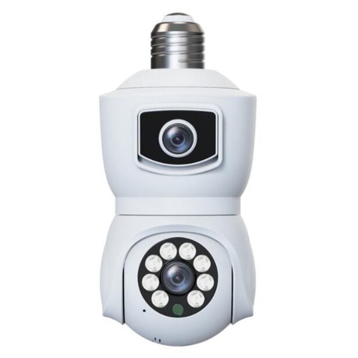 Камера за наблюдение, 1080P HD, двойна леща, Wifi, PTZ, интелигентно нощно виждане, монтаж на стена/таван, 360x90°, бяла