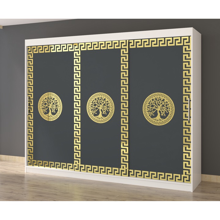 Dulap Dormitor Claudia Alb Fara Oglinda 250 x 200 cm x 61 cm cu usi Glisante Gri