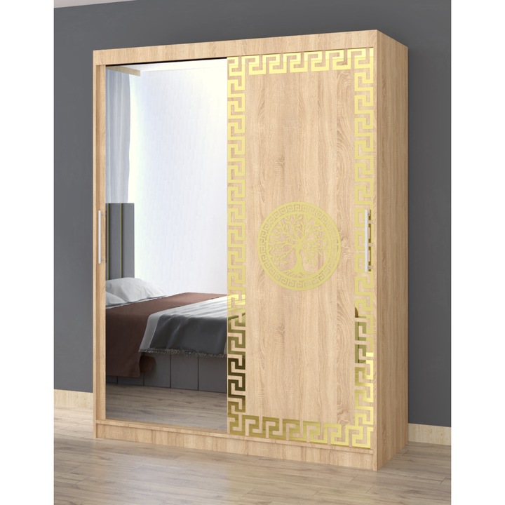 Dulap Dormitor Claudia Sonoma cu oglinda 150 x 200 cm x 61 cm cu usi Glisante Sonoma