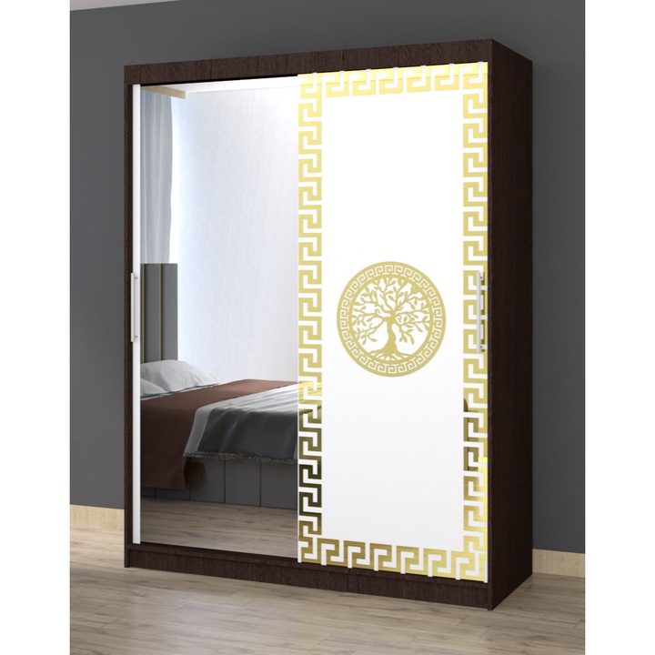 Dulap Dormitor Claudia Wenge cu oglinda 150 x 200 cm x 61 cm cu usi Glisante Albe