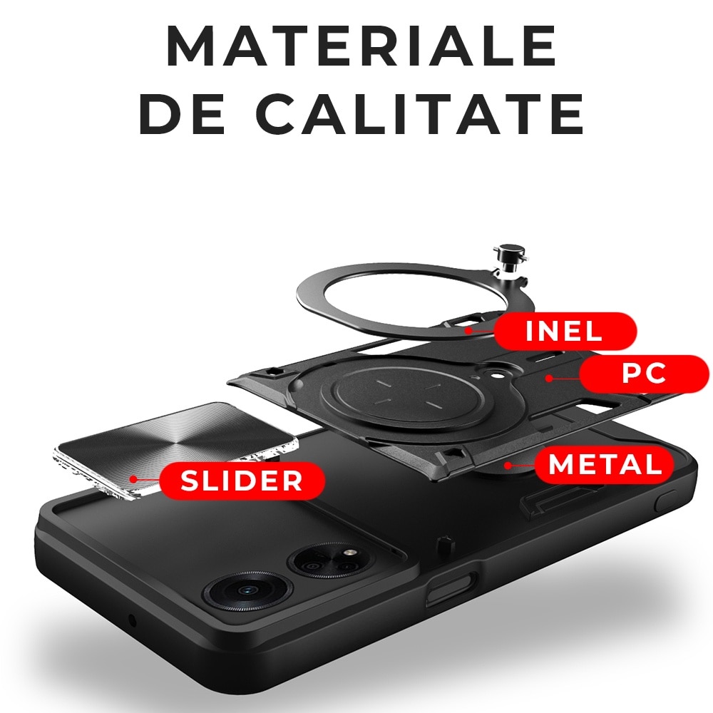 Husa pentru Motorola Edge 40 Neo, CamGuard Pro Kickstand, Slider Camera, Antisoc, Protectie Superioara, Negru