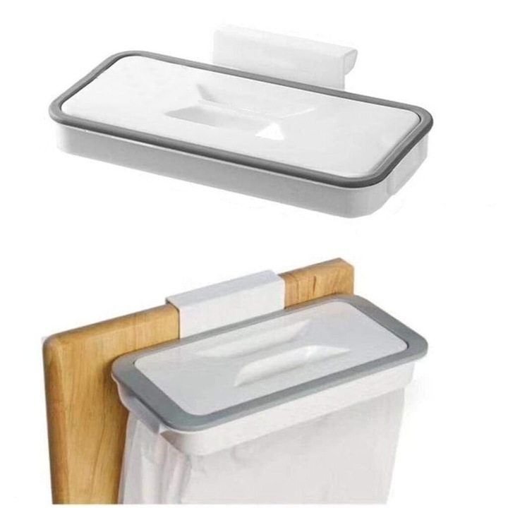 Set de 2 suporturi pentru saci de gunoi suspendabili, Cozevdnt, plastic, portabili, alb/gri