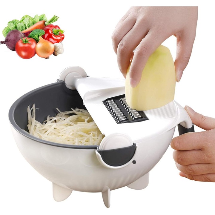 Feliator de legume 9 in 1, Cozevdnt, capacitate mare, inox/ABS, cu cos de scurgere, multicolor, 8.5x4.5x6 inch
