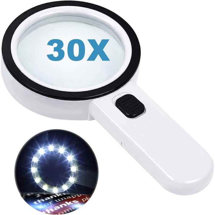 Lupa Iluminata LED, Sticla, Marire 30X, Ergonomic, 20.5 x 10.6 cm, Alb